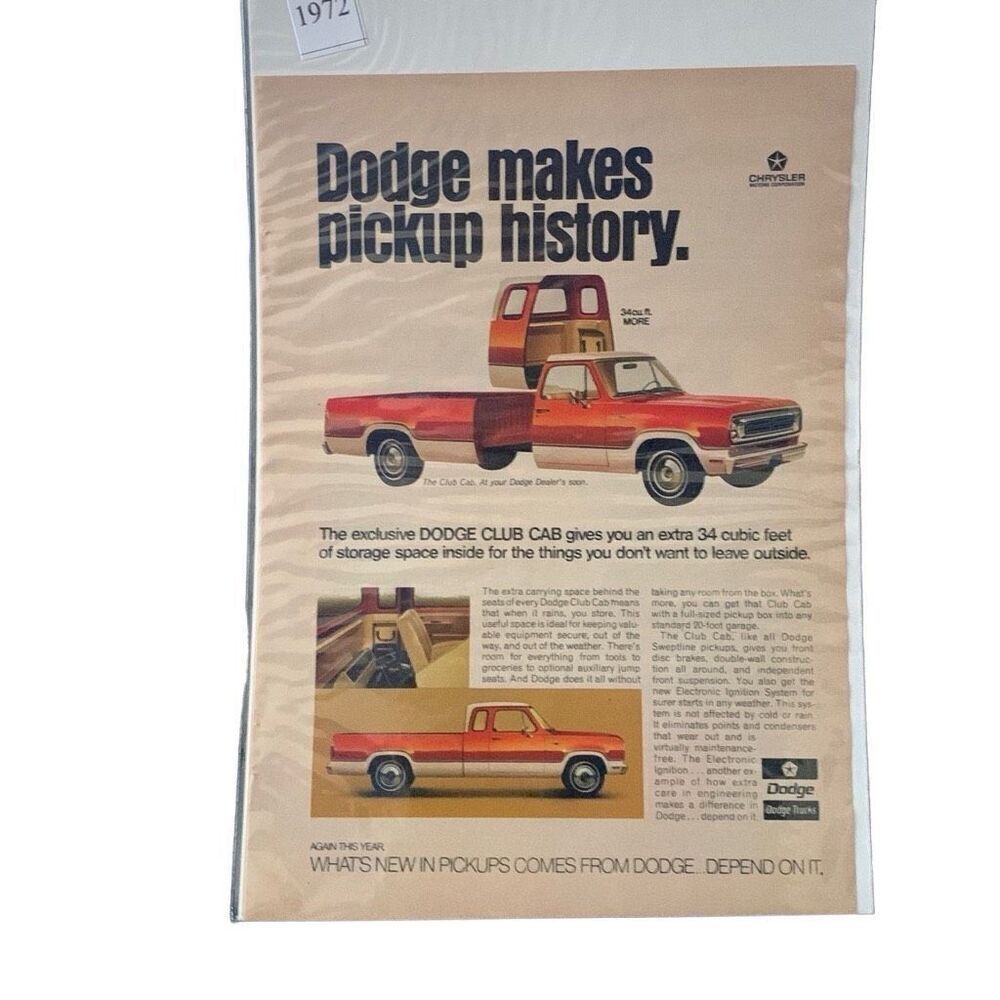 Vintage 1972 Dodge Club Cab Makes Pickup History Ad Advertisement